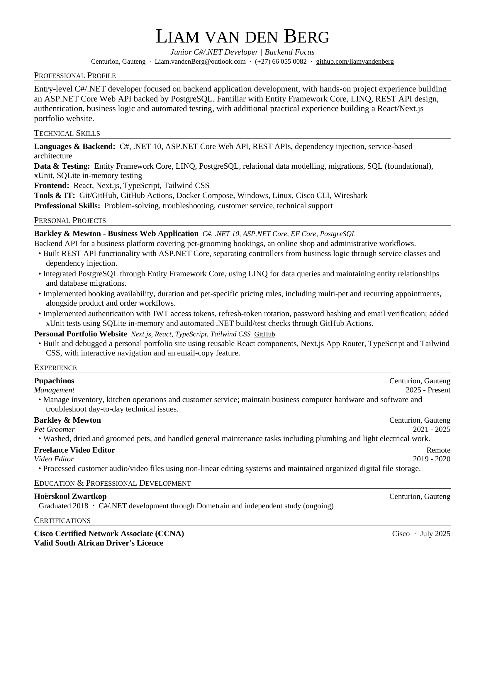 Liam van den Berg Resume Preview